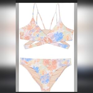 O'Neill Blue~Girls Wildflowers Wrap Top Swimwear Set Peach Pink Blue Matte Sz 10
